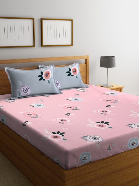 

DREAM WEAVERZ Pink Floral 250 TC Cotton 1 King Bedsheet with 2 Pillow Covers