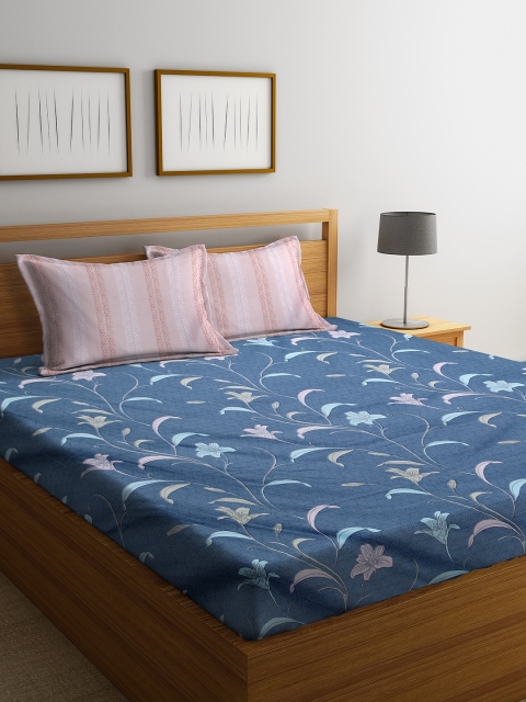 

DREAM WEAVERZ Navy Blue & Peach-Coloured Floral 250 TC Cotton 1 King Bedsheet with 2 Pillow Covers