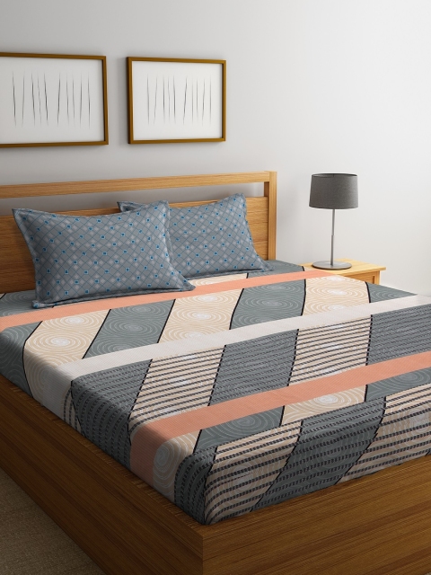 

DREAM WEAVERZ Grey & Orange Geometric 250 TC Cotton 1 King Bedsheet with 2 Pillow Covers
