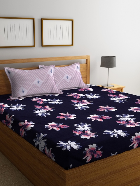 

DREAM WEAVERZ Navy Blue & Off-White Floral 250 TC Cotton 1 King Bedsheet with 2 Pillow Covers