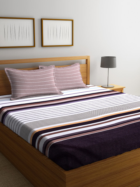 

DREAM WEAVERZ White & Grey Striped 250 TC Cotton 1 King Bedsheet with 2 Pillow Covers