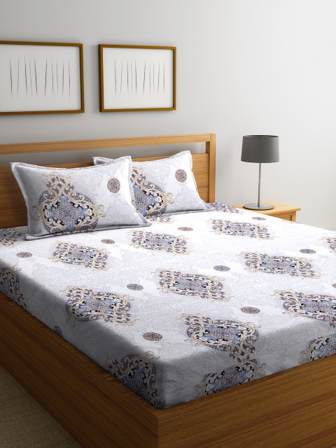 

DREAM WEAVERZ White & Grey Ethnic Motifs 250 TC Cotton 1 King Bedsheet with 2 Pillow Covers