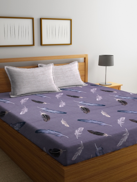 

DREAM WEAVERZ Grey & Purple Graphic 250 TC Cotton 1 King Bedsheet with 2 Pillow Covers