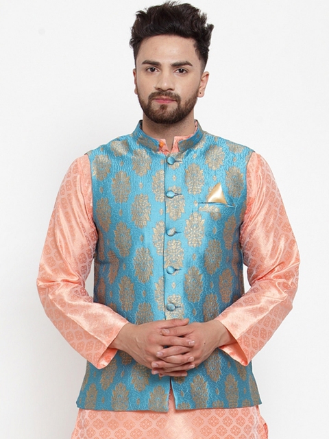 

NEUDIS Men Blue & Gold-Coloured Printed Nehru Jacket