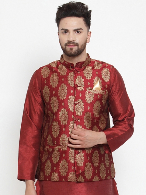 

NEUDIS by Drohar Men Red & Gold-Coloured Jacquard Woven Design Nehru Jacket