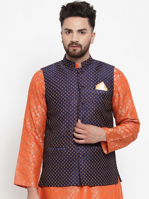 

NEUDIS by Dhrohar Men Navy Blue Jacquard Woven Nehru Jacket