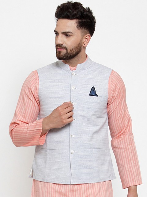 

NEUDIS by Dhrohar Men Blue Woven Design Pure Cotton Nehru Jacket