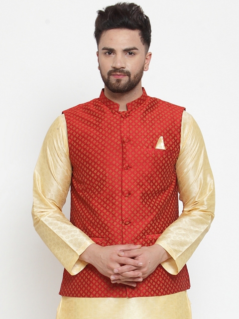 

NEUDIS by Dhrohar Men Red Jacquard Woven Nehru Jacket