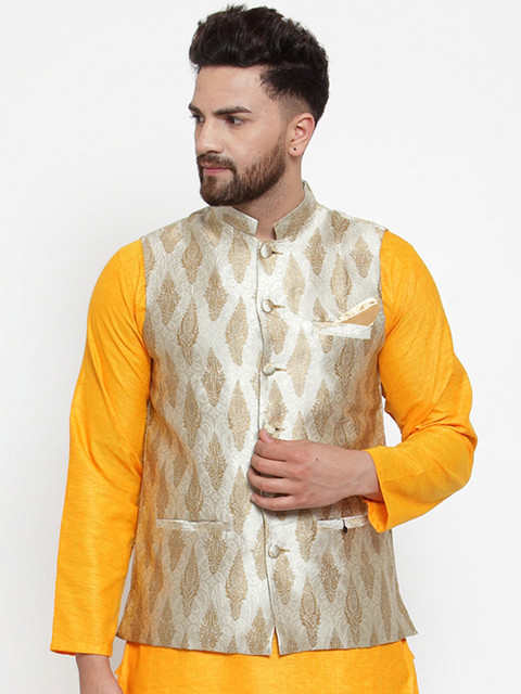 

NEUDIS by Dhrohar Men Grey & Gold-Coloured Jacquard Nehru Jacket