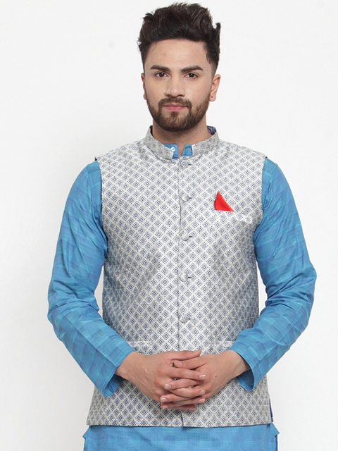 

NEUDIS Men Off White & Blue Printed Nehru Jacket