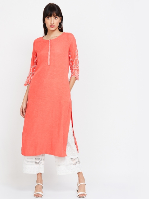 

Melange by Lifestyle Women Coral Pink Embroidered Straight Kurta