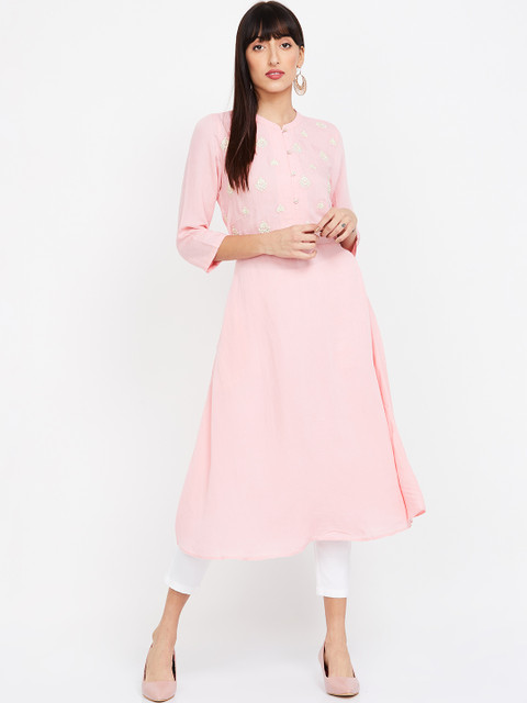 

Melange by Lifestyle Women Pink & White Embroidered A-Line Kurta