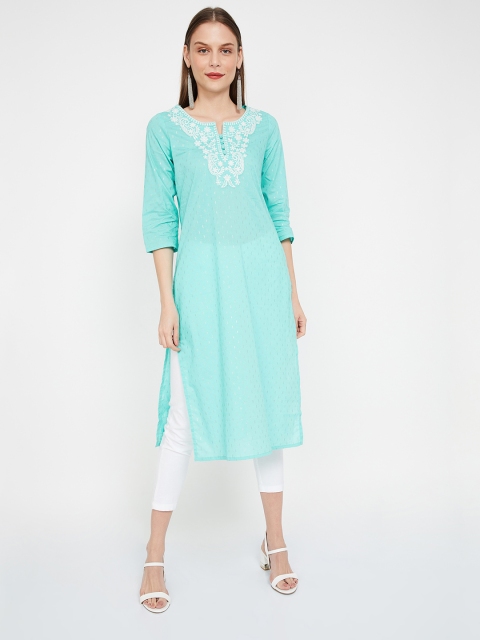 

Melange by Lifestyle Women Turquoise Blue & White Yoke Design Straight Kurta