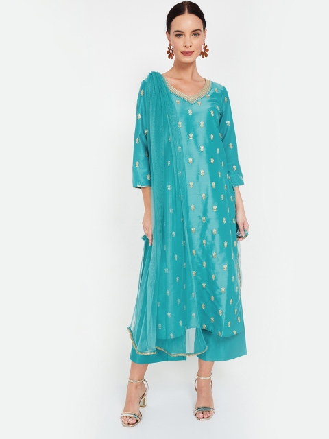 

Melange by Lifestyle Women Turquoise Blue Embroidered Kurti with Palazzos & Dupatta