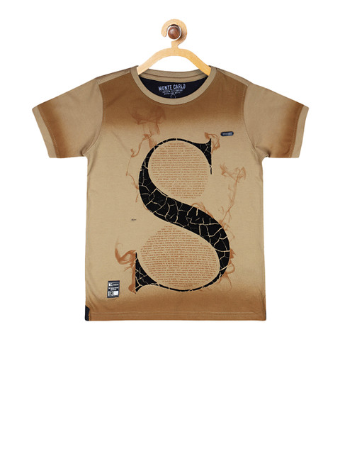 

Monte Carlo Boys Camel Brown & Black Printed Round Neck T-shirt