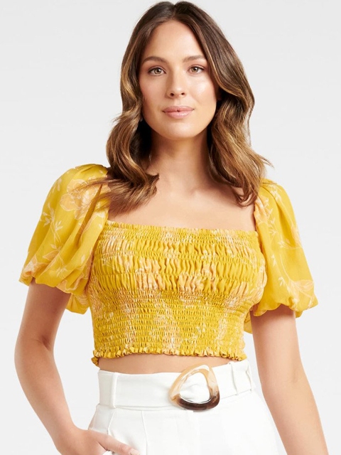 

Forever New Women Yellow & Peach-Coloured Printed Shirred Crop Top