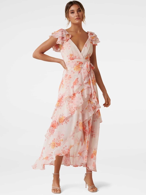 

Forever New Women Pink & Orange Printed Frill Layered Maxi Dress