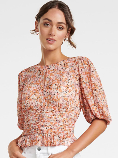 

Forever New Women Pink & Orange Harper Ditsy Printed Puff Sleeve Empire Top
