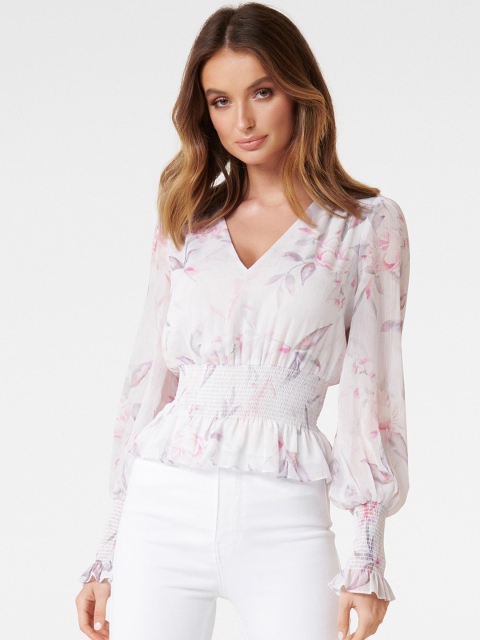 

Forever New Women White Floral Print Cinched Waist Top