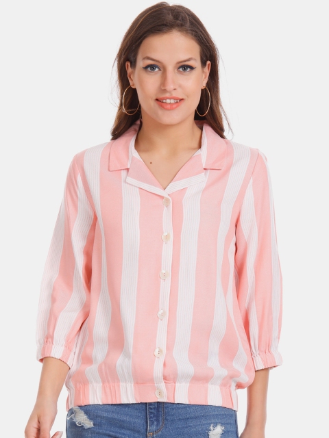 

ELLE Women Pink & White Regular Fit Striped Casual Shirt