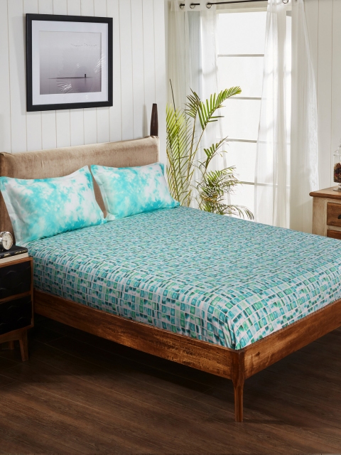 

Portico New York Turquoise Blue Geometric 144 TC Cotton 1 King Bedsheet with 2 Pillow Covers