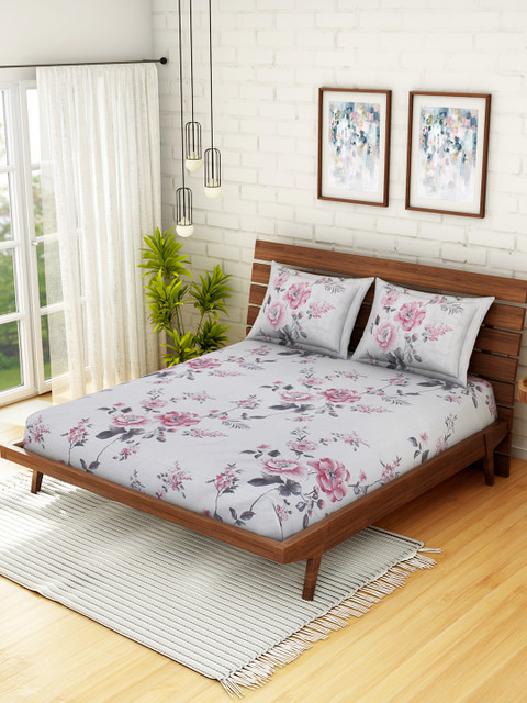 

CORE Designed by SPACES Grey & Pink Floral 210 TC Cotton 1 Queen Bedsheet with 2 Pillow Covers