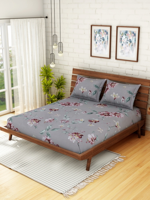 

CORE Designed by SPACES Grey & Brown Floral 210 TC Cotton 1 Queen Bedsheet with 2 Pillow Covers