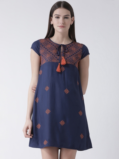 

The Vanca Women Navy Blue Embroidered A-Line Dress