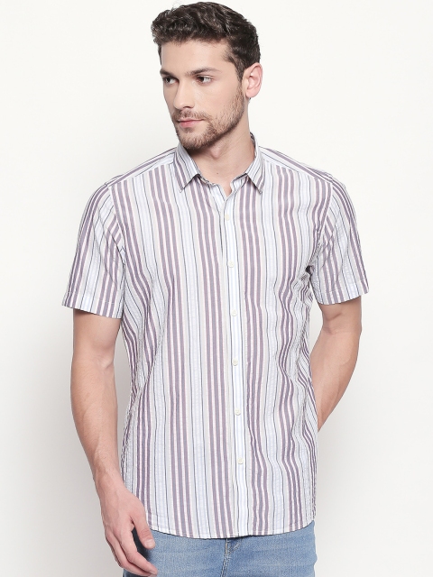 

EVOQ Men White & Purple Regular Fit Striped Casual Shirt