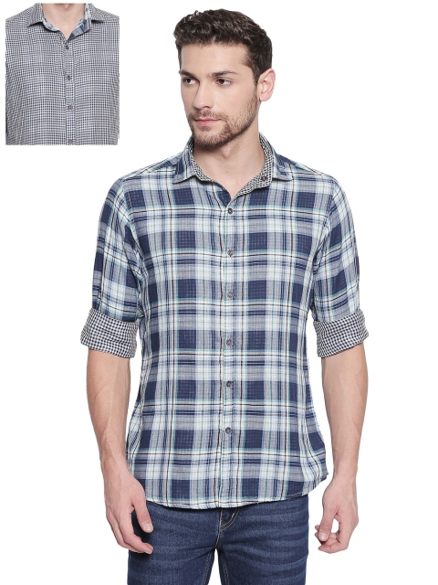 

EVOQ Men Blue & Off-White Regular Fit Checked Casual Reversible Shirt