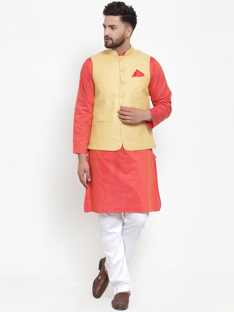 

NEUDIS Men Orange & White Solid Kurta with Pyjamas & Nehru Jacket