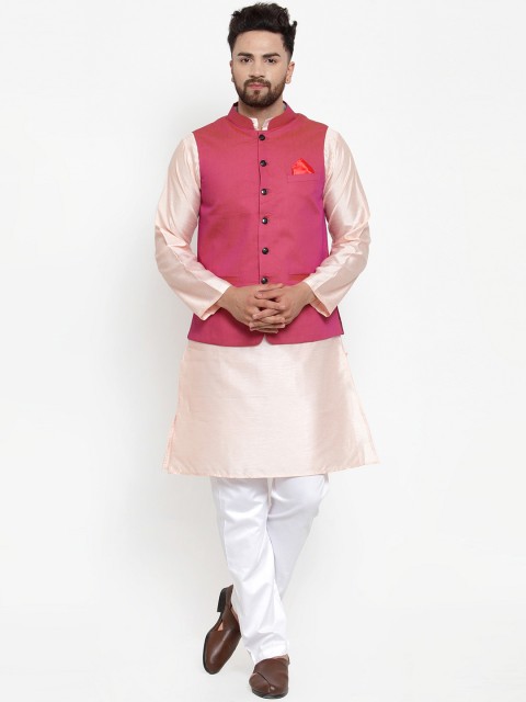

NEUDIS Men Pink & White Solid Kurta with Pyjamas & Nehru Jacket