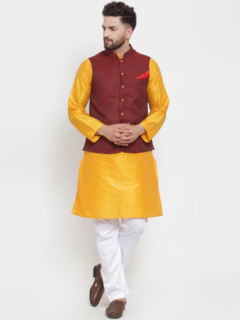 

NEUDIS Men Yellow & Maroon Self Design Kurta with Pyjamas