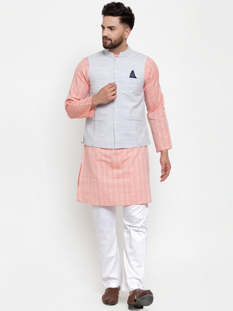 

NEUDIS Men Orange & Blue Striped Kurta with Pyjamas