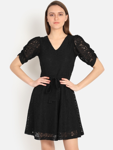 

COVER STORY Women Black Self Design Fit and Flare Dress