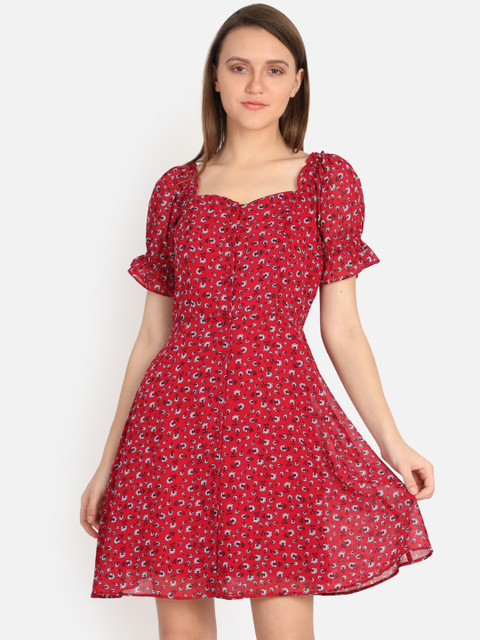 

COVER STORY Women Red Floral Print Fit and Flare Dress