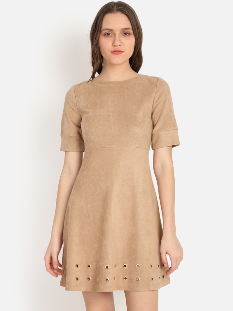 

COVER STORY Women Beige Solid Fit and Flare Dress