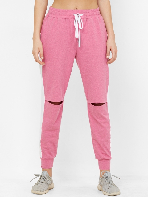 

Mystere Paris Women Pink & White Colourblocked Knee Slit Straight-Fit Joggers