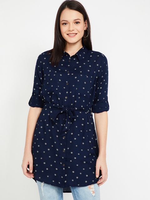 

Fame Forever by Lifestyle Women Navy Blue Printed Cinched Waist Top