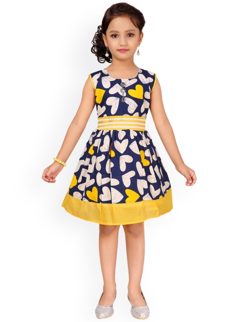 

Aarika Girls Yellow Printed Fit and Flare Dress, Navy blue