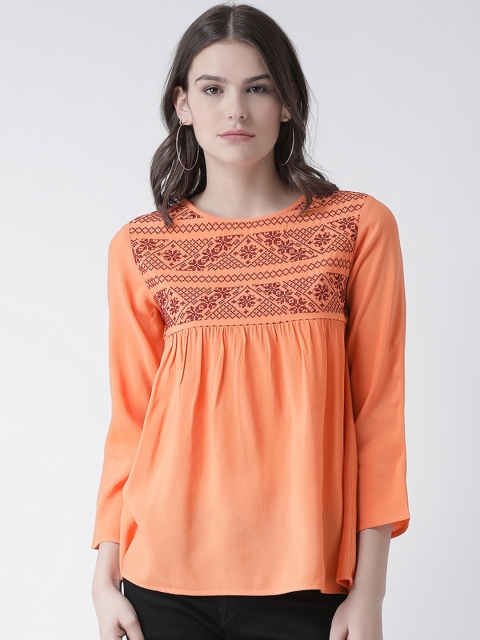 

The Vanca Women Orange Embroidered A-Line Top