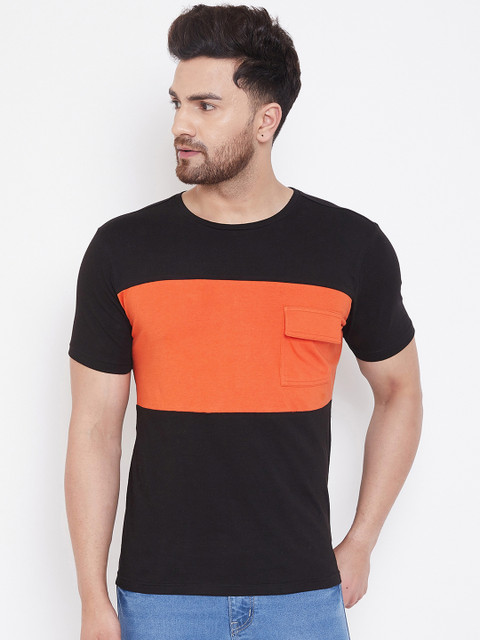 

GRITSTONES Men Black & Orange Colourblocked Round Neck T-shirt