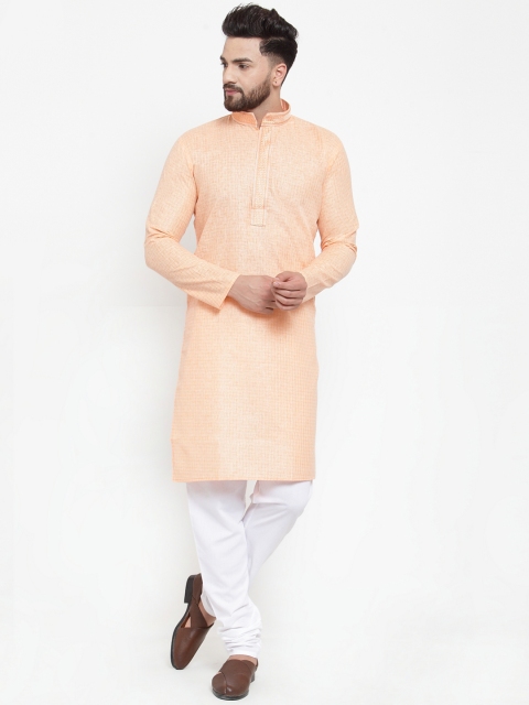 

Jompers Men Peach-Coloured & White Self Design Kurta with Churidar