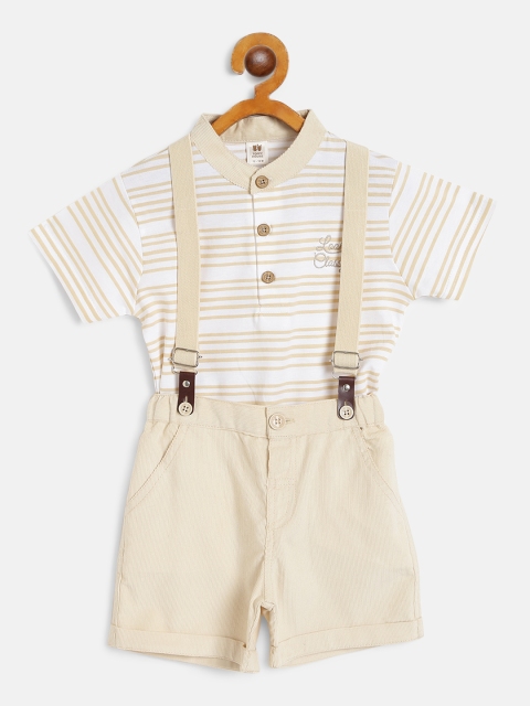 

TOFFY HOUSE Boys White & Beige Striped T-shirt & Corduroy Shorts with Suspenders