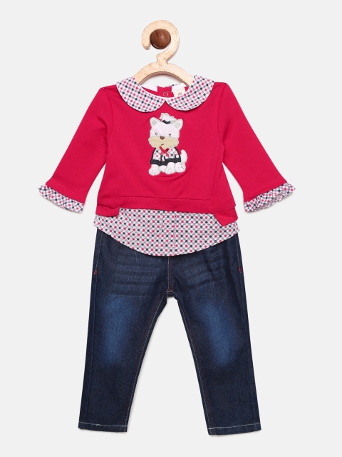 

TOFFY HOUSE Girls Red Self Design Top with Jeans