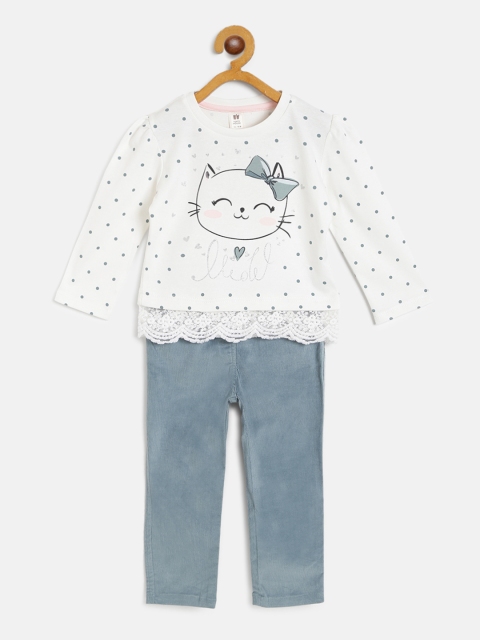 

TOFFY HOUSE Girls White & Blue Printed Top with Corduroy Trousers