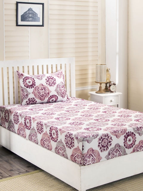 

MASPAR Pink & Off-White Ethnic Motifs 210 TC Cotton 1 Single Bedsheet with 1 Pillow Covers