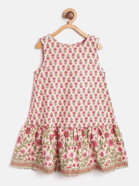 

Biba Girls Peach-Coloured & Pink Pure Cotton Floral Printed Drop-Waist Dress