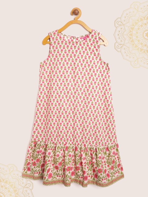 

Biba Girls Pink & Green Pure Cotton Ethnic Printed Drop-Waist Dress