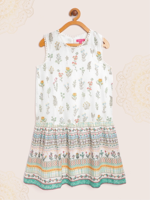 

Biba Girls White & Green Pure Cotton Floral Printed Drop-Waist Dress